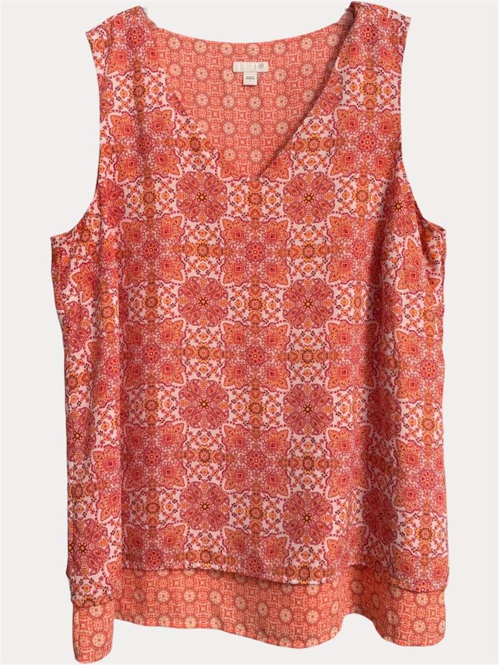J. Jill Floral Boho Geometric Print V-Neck Pink Orange White Top Size Lg